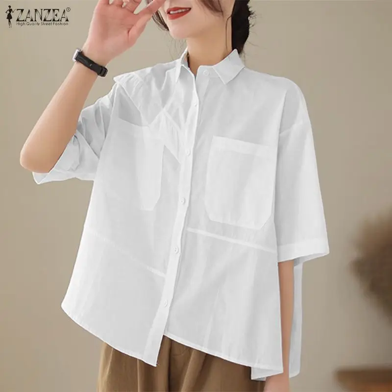 2026 zanzea verão camisas femininas meia manga casual túnica topos moda lapela retalhos assimétrico blusa feminina blusas soltas