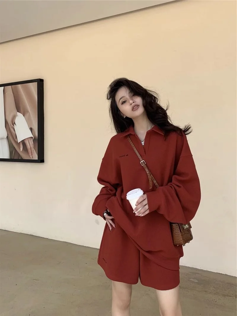 

plus Size Women's Casual Sportswear Set Neck Sweatshirt Shorts Two-Piece Set Spring Autumn Loose Fit Korean Style
