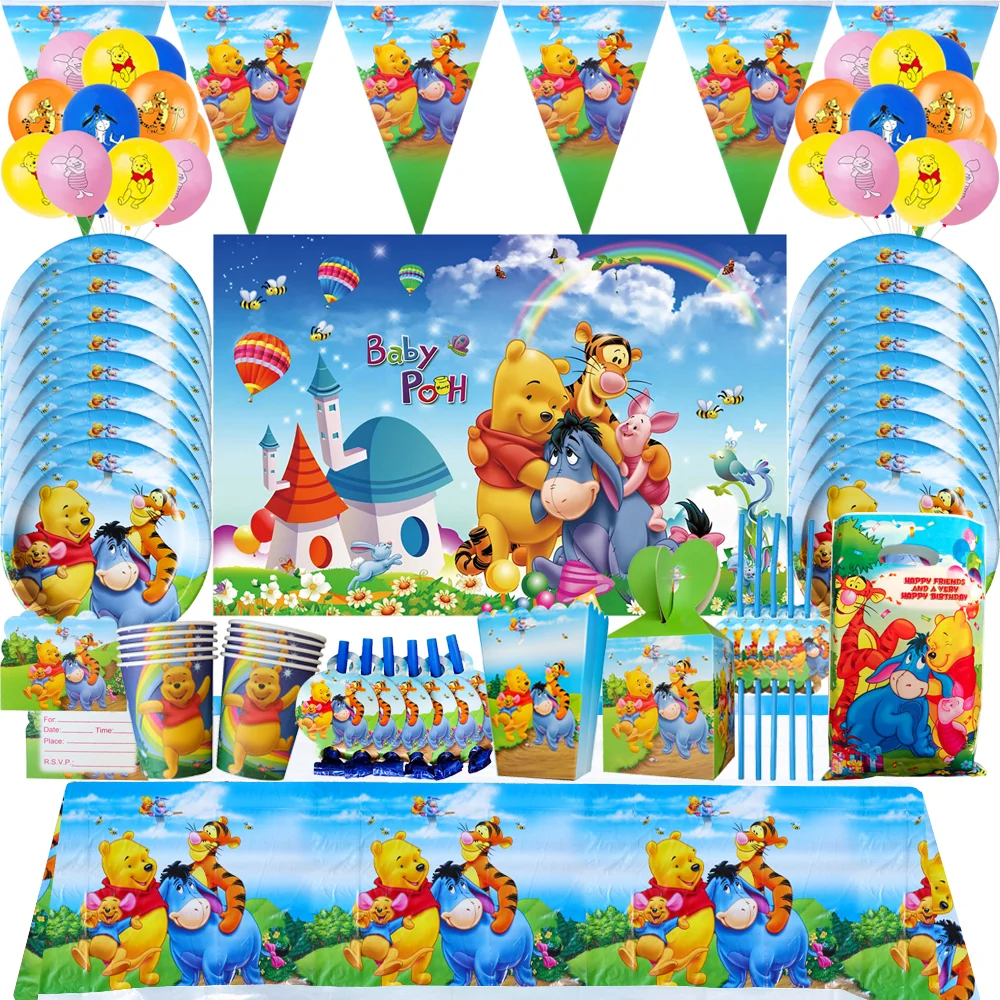 Disney Winnie The Pooh Birthday Party Decoration Tableware Cups Plates Tablecloths Baby Showers Children's Balloon Supplies