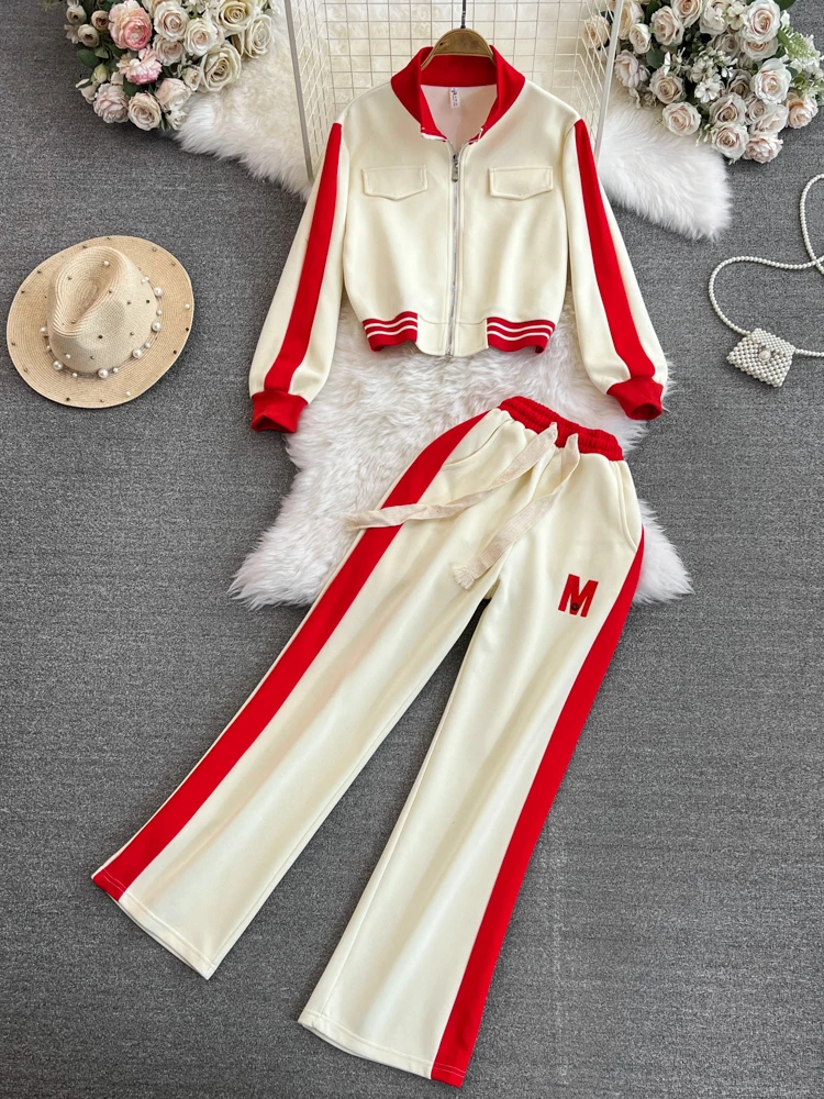 Streetwear Casual Tracksuit Two Piece Set Women Outfits Korean Long Sleeve Zip Up Crop Jacket + Fashion Loose Wide Leg Pant Suit