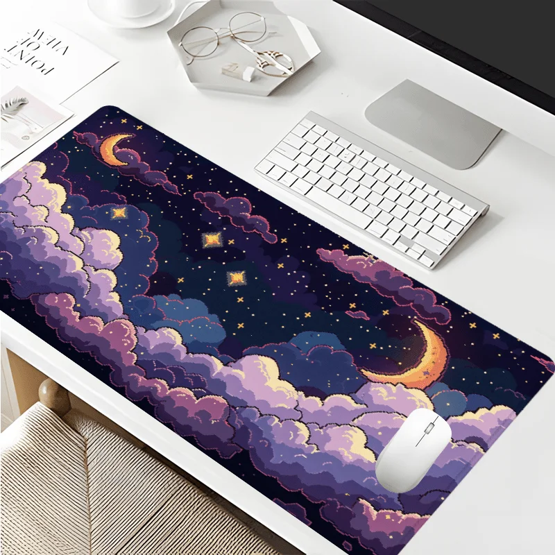 Purple Starry Night Cloud Mouse Pad - Oversized Dreamy Gaming Desk Mat with Non-Slip Base - Stitched Borders, Rubber Base
