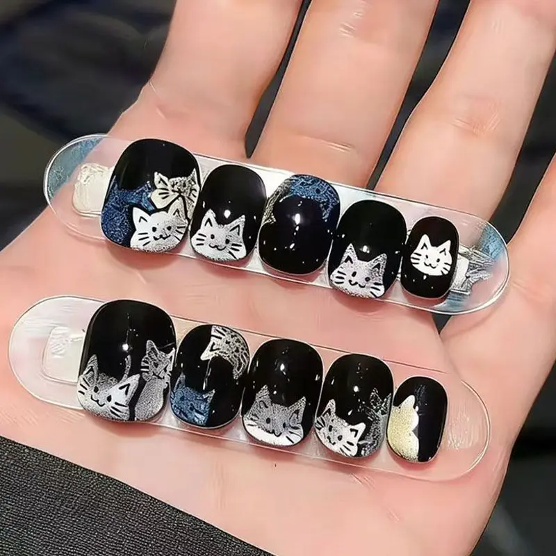 30pcs Press On Nails Cute Denim Fabric Bow Star Button Design Fake Nail Short Round Blue Glitter Cat Eye Fasle Nail for Women