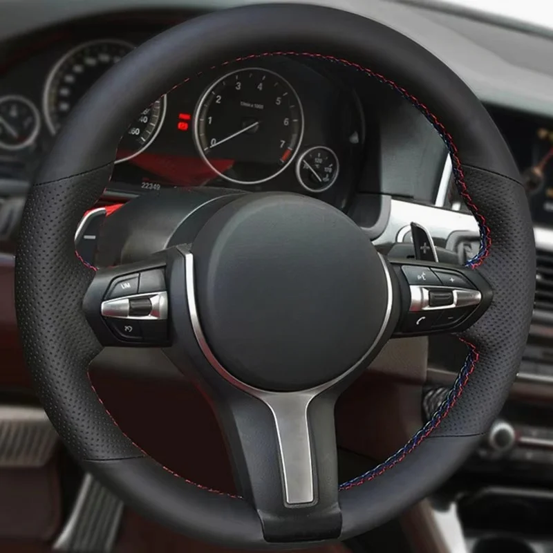 

For BMW M Sport F30 F32 F34 F39 F10 F15 F16 F48 F25 F45 Black-red blue line Perforated Microfiber Leather Steering Wheel Cover