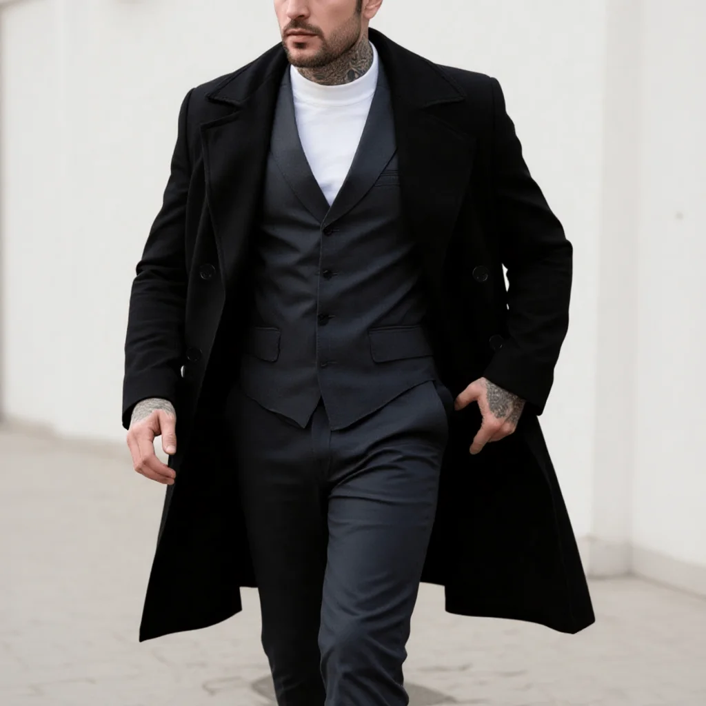 Men's Classic Double-Breasted Woolen Overcoat Formal Long Coat with Thickened Warm Lining for Autumn/Winter Business Wear
