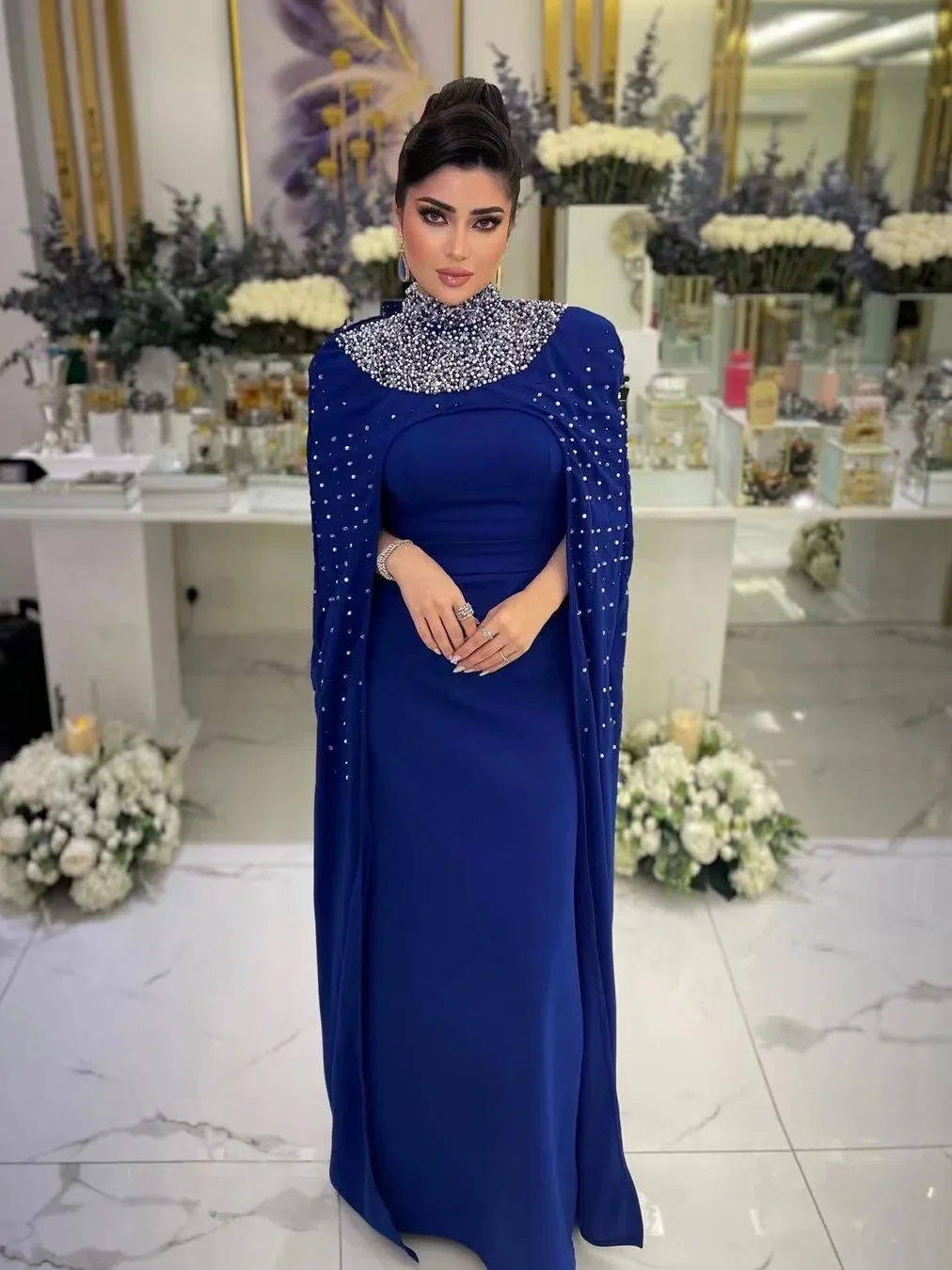 Oisslec Handmade Beaded High Collar Wraps Evening Dresses for Saudi Arabia Women Floor Length Sheath Long Prom Party Dress