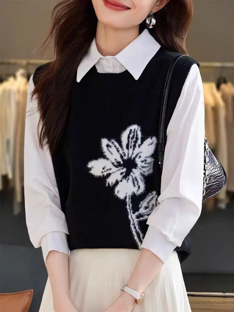 Spring and Autumn New Pure Wool Knitted Vest with Round Neck Pullover Embroidered Flower Design, Simple and Fashionable