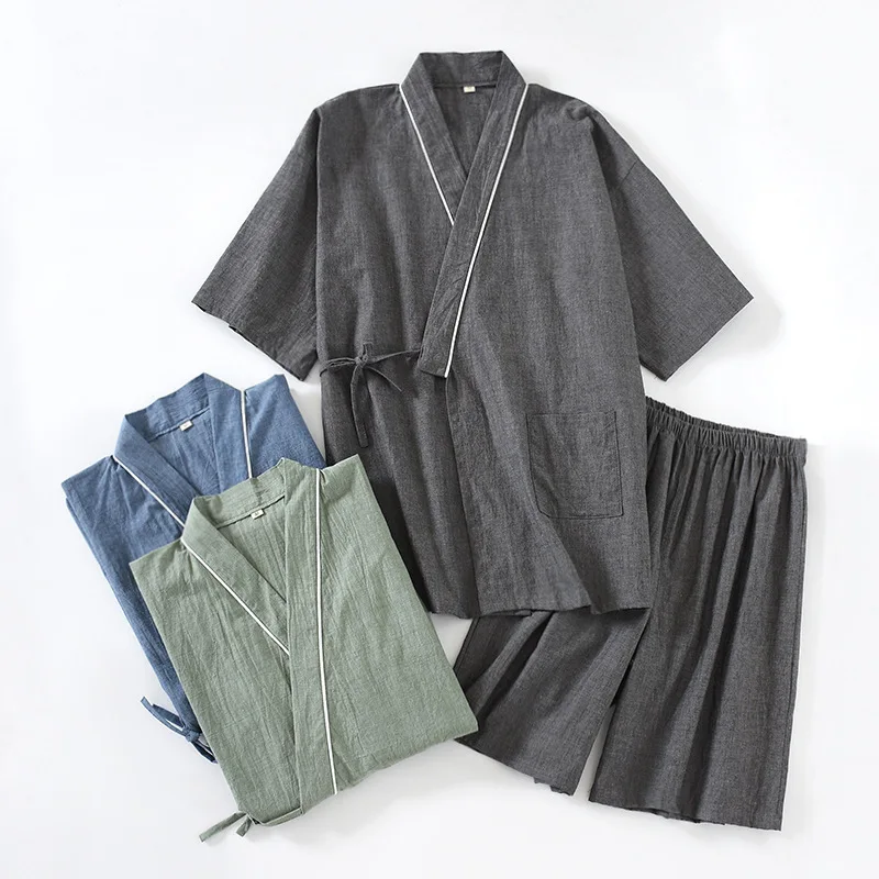 Conjunto de pijamas de linho e algodão para casais, estilo japonês, quimono yukata, roupão e shorts, hanfu chinês