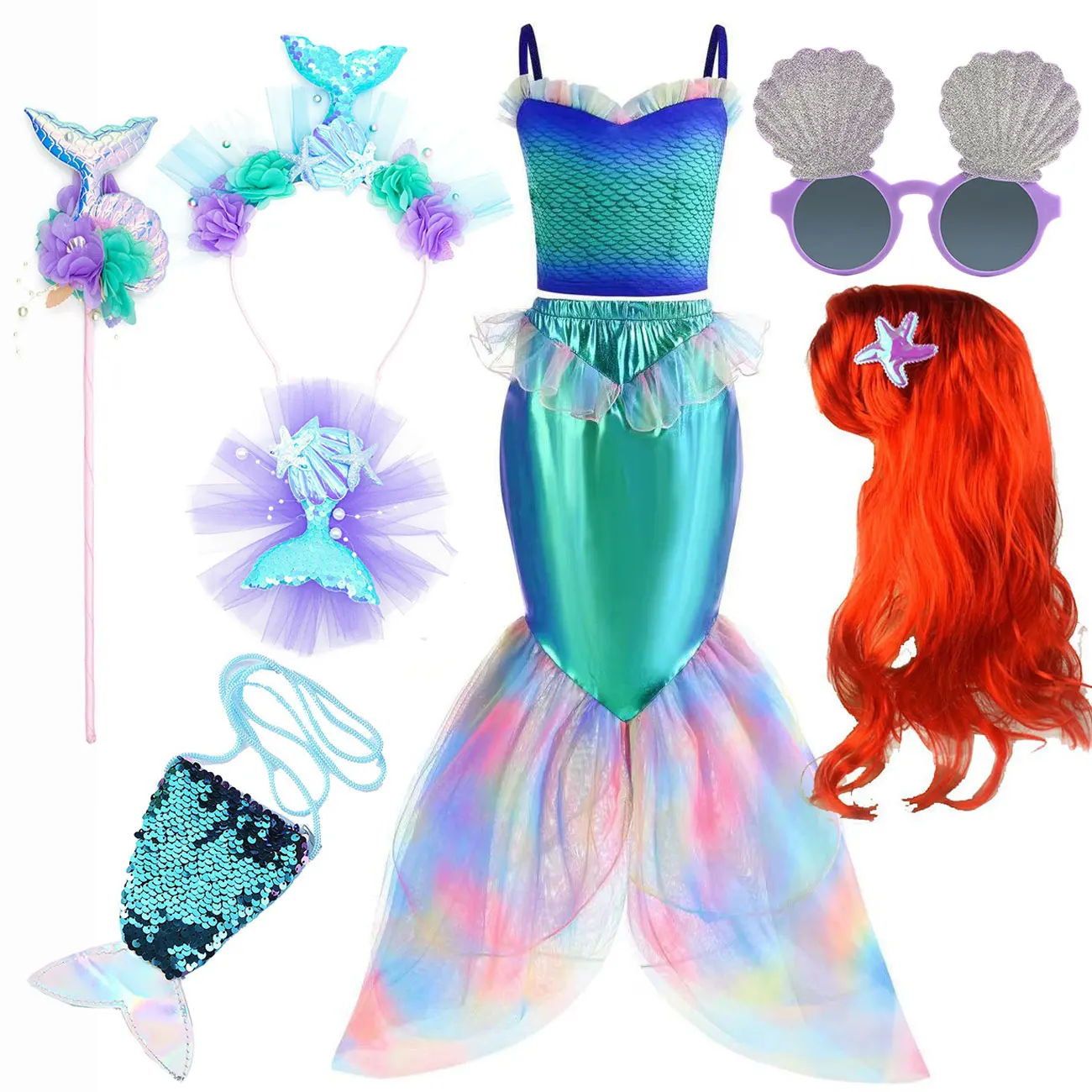 

Little Mermaid Dress Up Costume Girl Ariel Cosplay Birthday Princess Halloween Carnival Party Gown Kid Clothes Summer Beach Sets