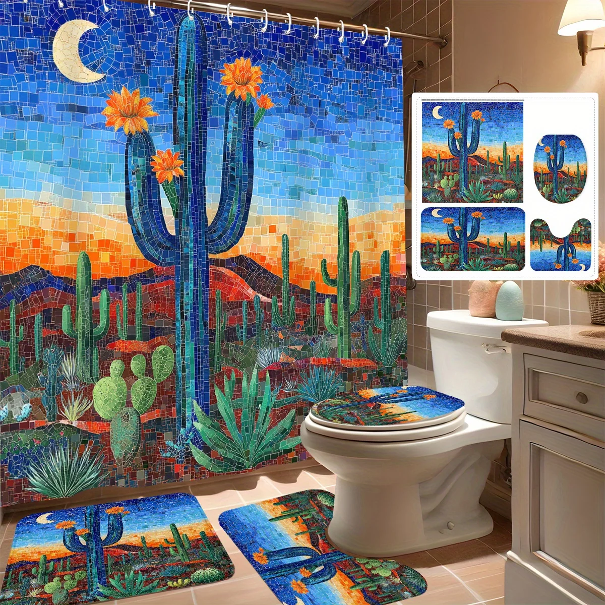 

4pcs Shower Curtain Set, Colorful Cactus Design, Modern Bathroom Decor, Includes 12 Hooks, Non-Slip Bath Mat, U-Shaped Toile