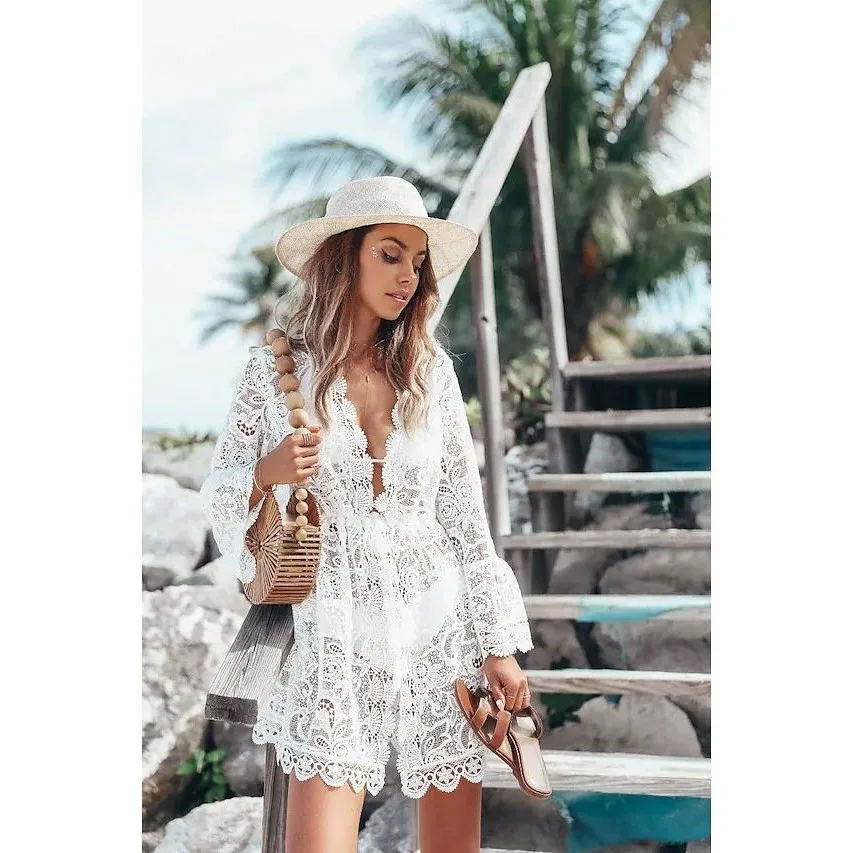 Sexy White Lace Long Sleeve Sunscreen Dress Women 2025 Summer Deep V Neck Beach Smock Boho Dresses For Women