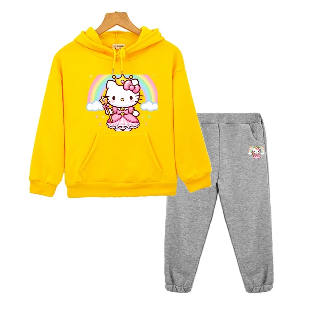 

Толстовка с капюшоном в стиле аниме «Hello Kitty», флисовая толстовка Sanrio, осенний пуловер с героями мультфильмов + штаны, детский бутик одежды, комплекты спортив с капюшоном для мальчиков и девочек