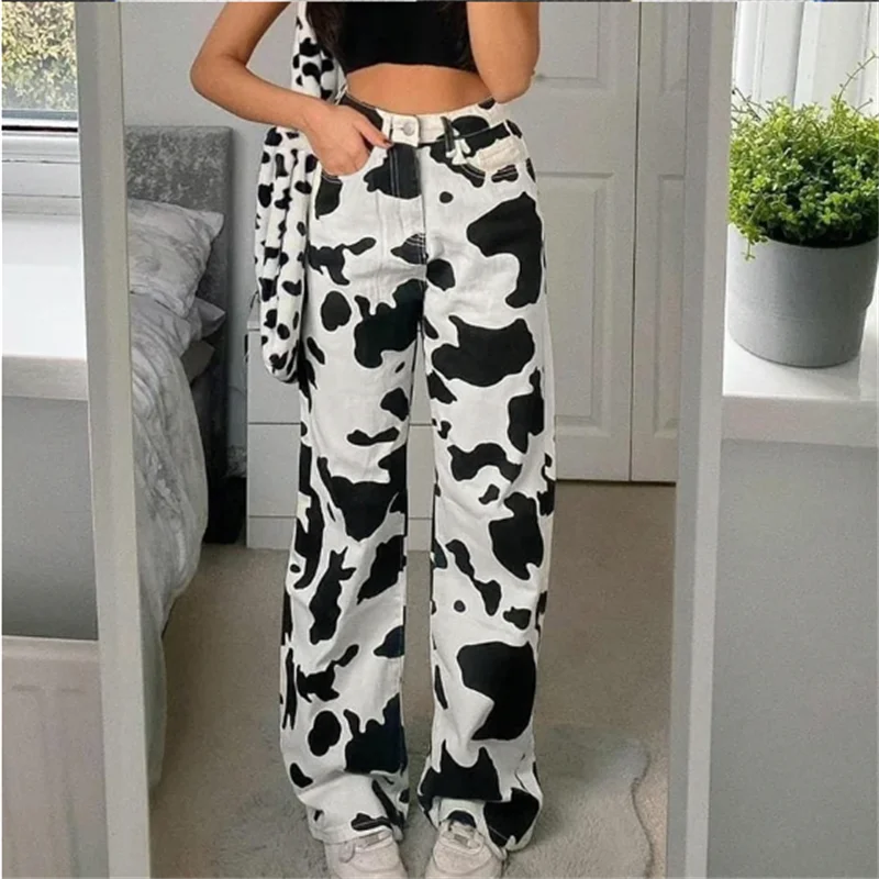 

Animal Cow Printed Jeans High Waist Streetwear Denim Pants Gothic Straight Trousers Korean Fashion New Baggy Bottoms Autumn