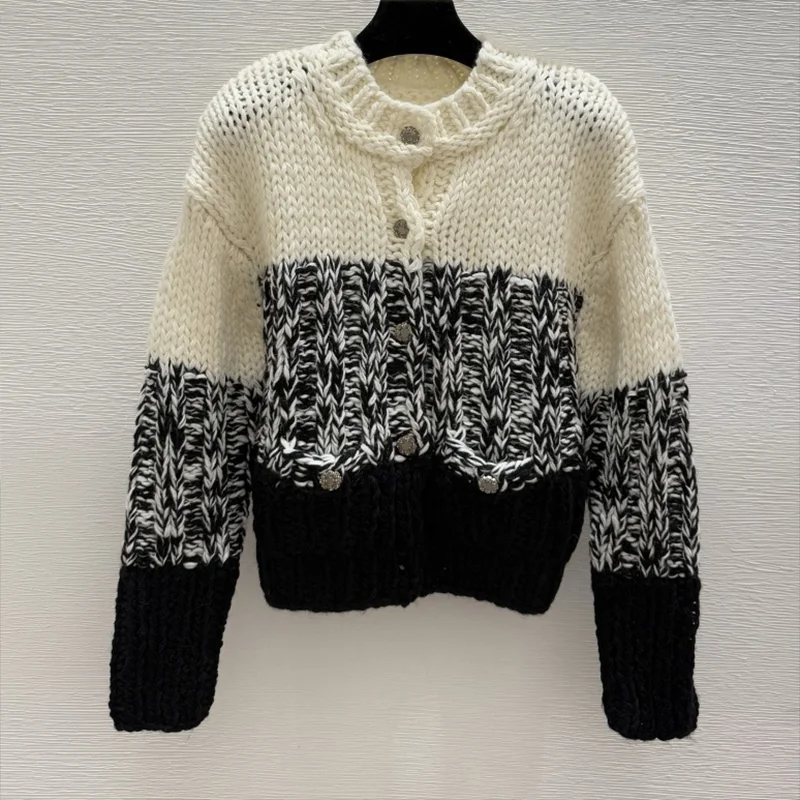 

Высококачественный женский свитер с объемным полосатым круглым вырезом и цветными блоками, короткий стильный кардиган 251028186