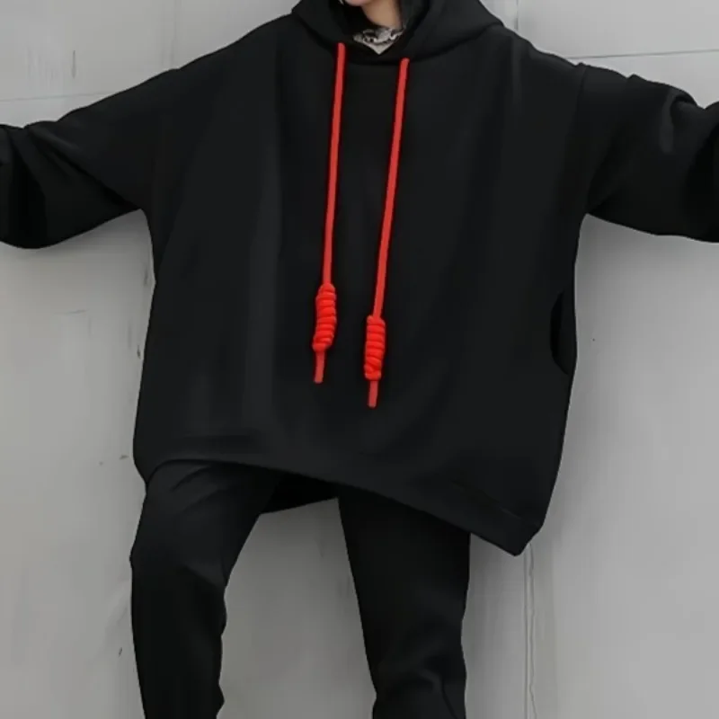 2026 New Women Oversized Loose Long Hoodie Autumn Winter European American Fashion Casual Sweatshirts Red Drawstring Streetwear