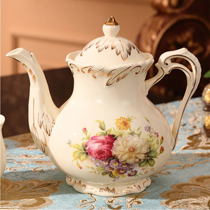 Rice Gold Rose Tea Set 800ml Bone China Teapot Coffee Cup Saucer Set Afternoon Tea Cup 225ml Drink Cup Kitchen Bar Supplies
