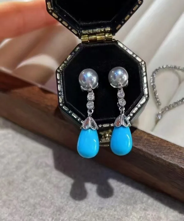 Designer 925 Sterling Silver Natural Turquoise & Akoya Pearl Drop Dangle Stud Earrings Art Deco Vintage Kallaite Pearl Jewelry