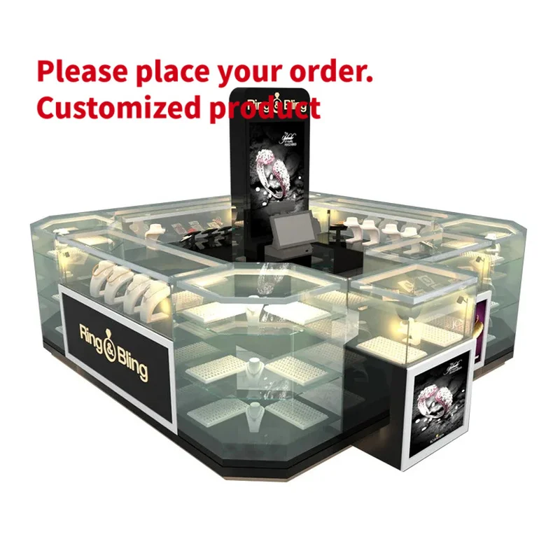 custom.Custom Luxury Jewelry Kiosk Island Display Showcase with Glass & Light Box, Mall Center Gold Ring Counter Sh