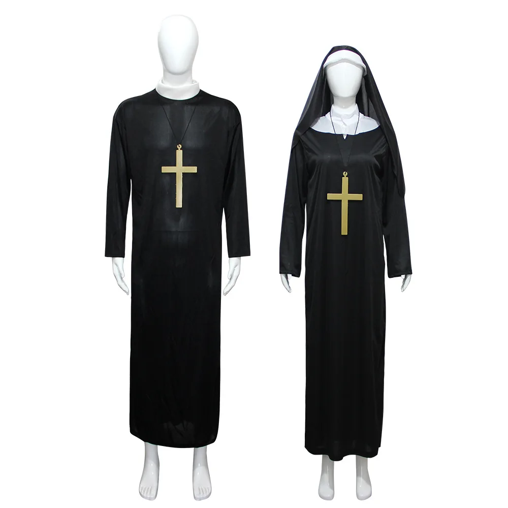 

Medieval Retro Gothic Cosplay Costume Victorian Nun Priest Black Robe for Adult Outfit Halloween Carnival Party Clothes Roleplay
