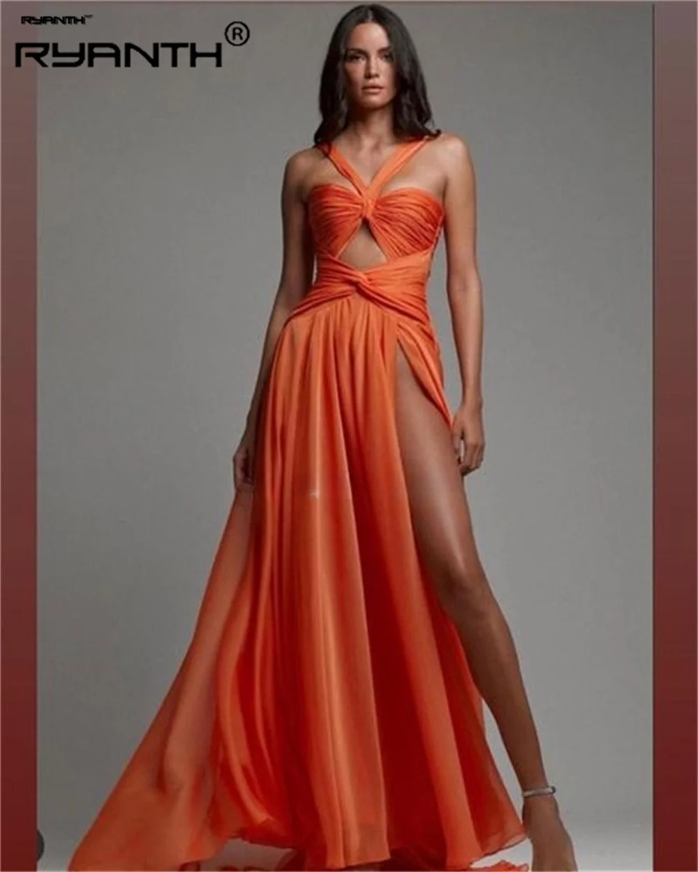 Ryanth Orange Sexy A-Line Prom Dress High Slit Sleeveless Long Evening Gown Sleeveless Criss-Cross vestidos verano moda 2024