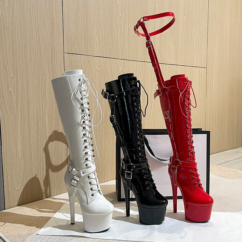 

2025 Women Sexy Knee High Boots Thigh Strap Platform Buckle Lace Up Super High Heel Knight Boots Catwalk Stage Fashion Boots