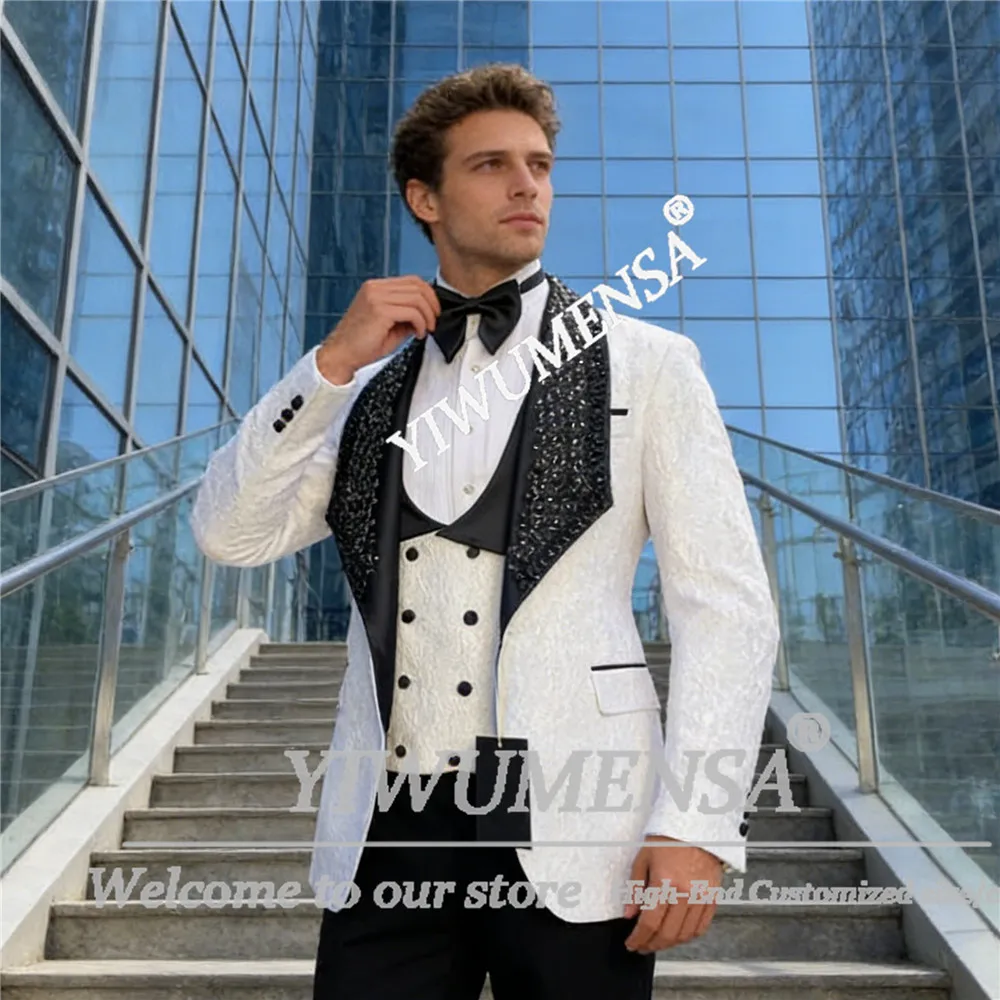 

Элегантный мужской костюм для свадьбы: черный атласный пиджак, жилет и брюки с цветочным узором и бисером, 3-х предметный комплект, формальная одежда, смокинг.