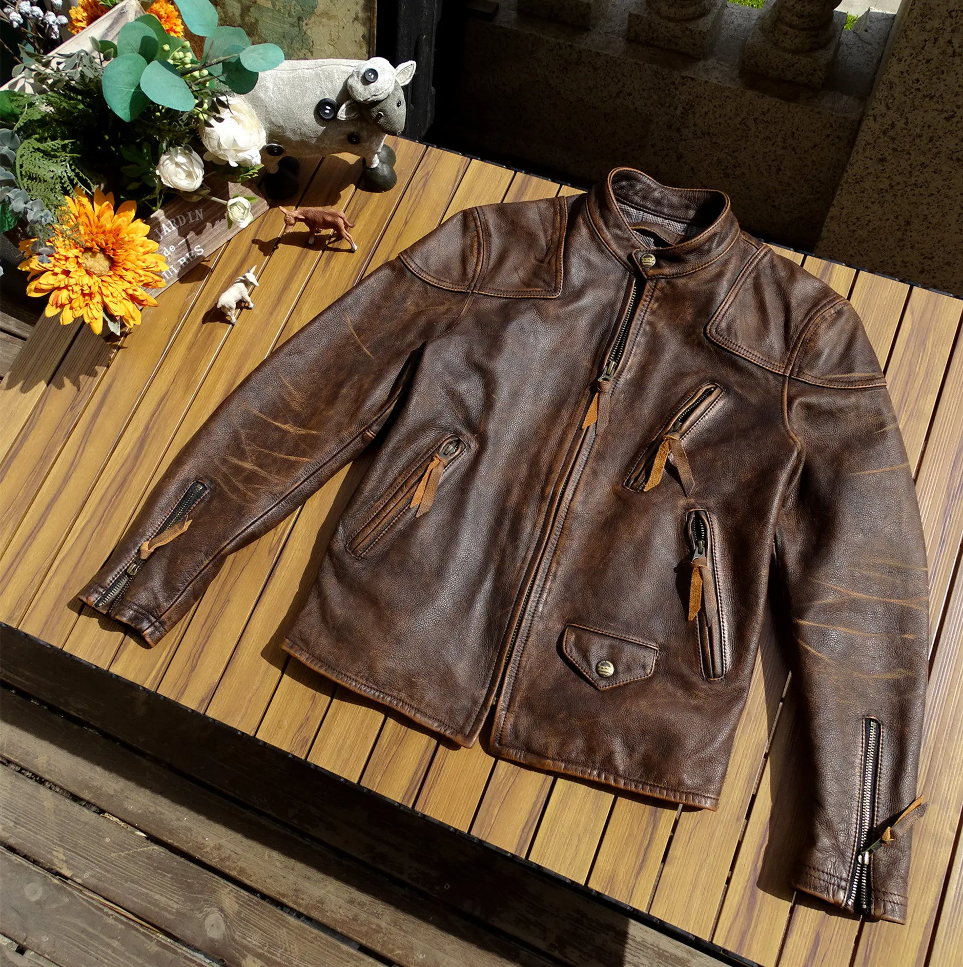 Vintage motorcycle jacket made old calfskin heavy washed soft waxy pendant comfortable jacket men's motorcycle clothing