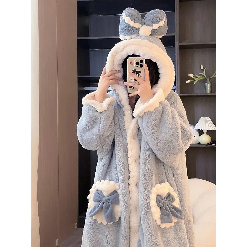 Bow Robe for Women Sleepwear Nightdress Winter Night Wears Warm Fleece Pajama One Piece Nightgown Ruffles Long Sleeve Homewear