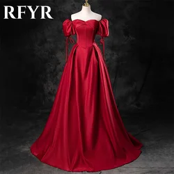 RFYR Red Prom Dresses Sweetheart A-Line Evening Dresses Luxury Off The Shoulder Party Dresses with Pleats Satin Robe De Soirée