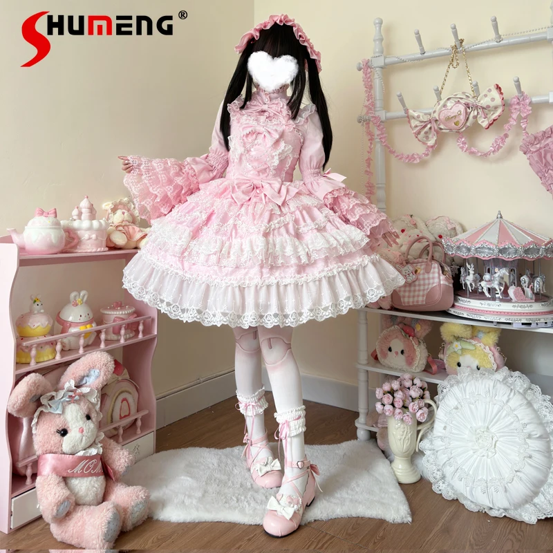 

Original Sweet Lolita Jsk Dress Women Kawaii Cute Lace Ruffles Flower Wedding Bow Dress Japanese Vintage Elegant Princess Dress