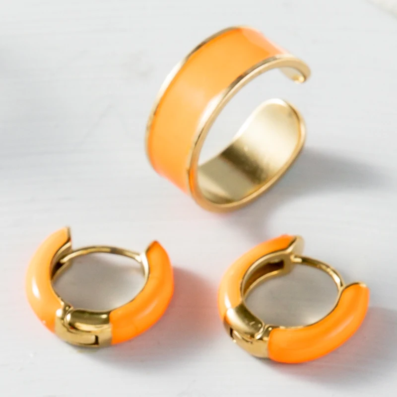 New Arrivals Pure Ring Earrings Sets for Women Stainless Steel Geometric Elegant Enamel Finger Rings Earring Party Jewelry Gifts