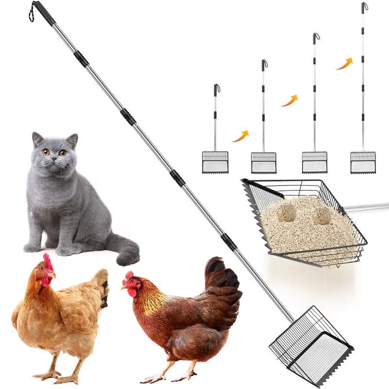 Chicken Poop Scooper with Adjustable Handle Stainless Steel Chicken Litter Scooper Rake with Sifting Hole Sifting Shovel
