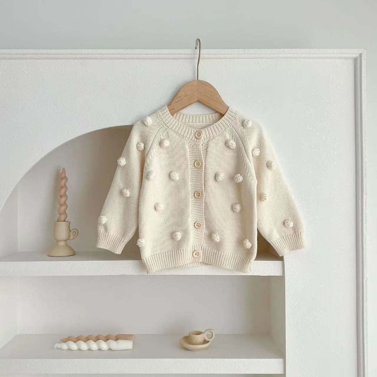 Unisex baby knit sweater with puff design, long sleeve, suitable for autumn and winter, newborn knit cardigan