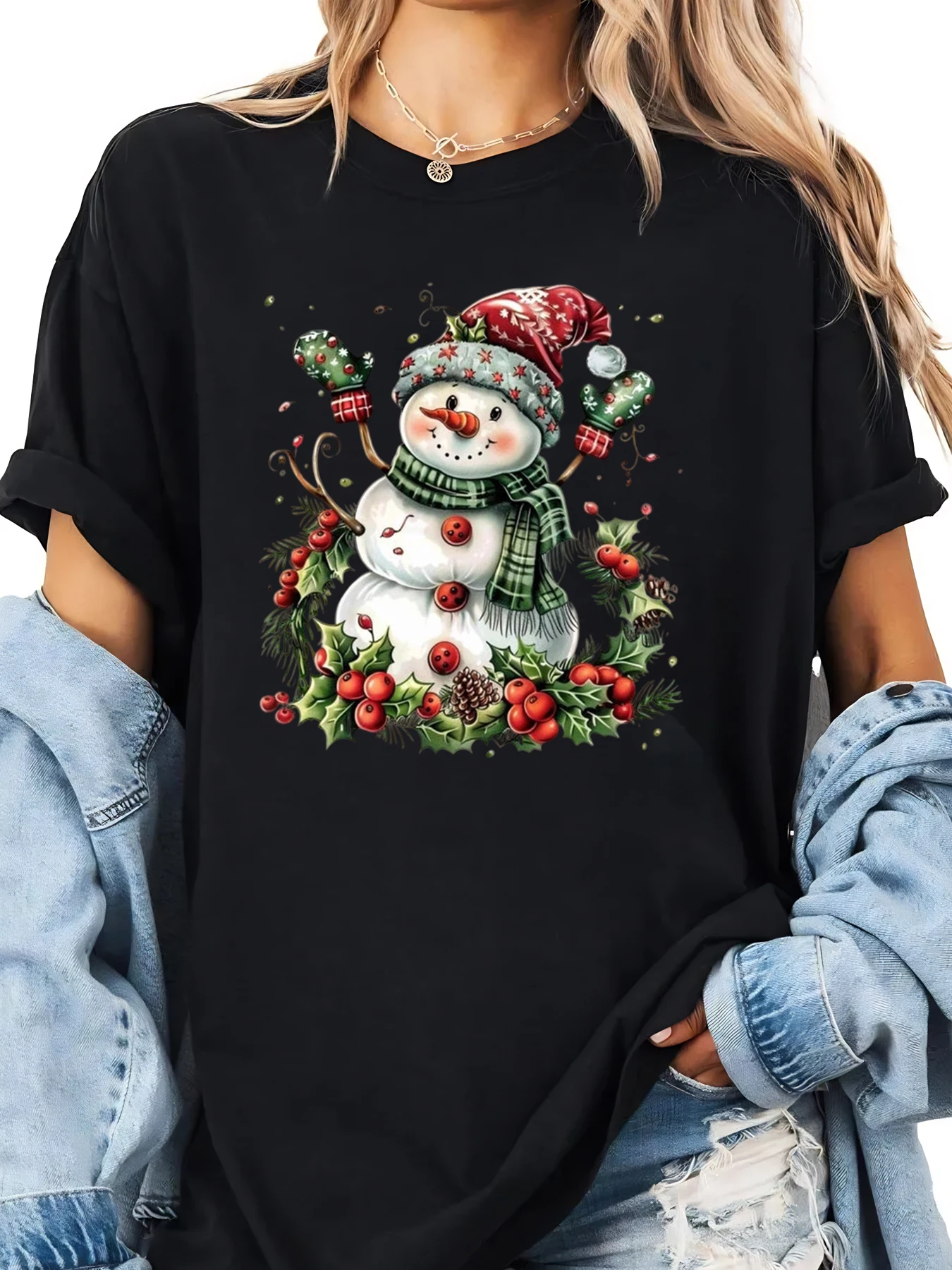 Bonhomme de neige noël imprimé T-shirt vacances femmes tenue décontracté noir grande taille