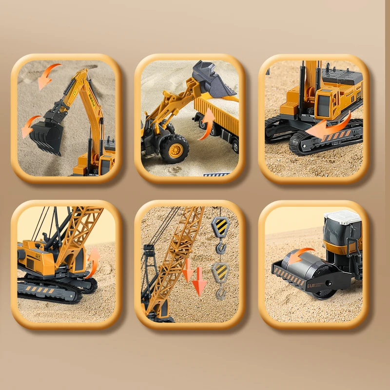 1:55 6 pçs/set simulação engenharia bulldozer escavadeira guindaste com caixa de armazenamento carro brinquedos liga diecast construção para o presente do menino