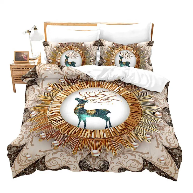 Bohemian Mandala Duvet Cover Luxury Exotic Golden Floral Bedding Set Chic Animal Elk Comforter Cover King For Girls Adults Decor