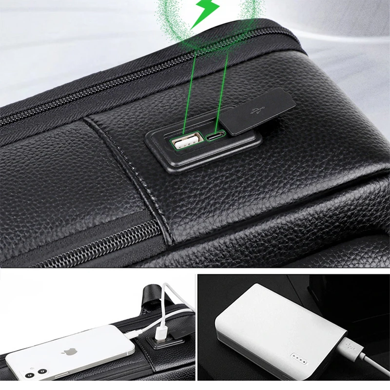 Zaino da uomo in vera pelle al 100% Zaino per laptop da 15,6 pollici Carica USB Borse da viaggio maschili impermeabili di grande capacità antifurto