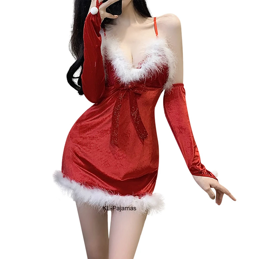 Lingerie de Noël sexy en velours rouge pour femmes et filles, costume de cosplay Mme Santa, mini robe de fête de vacances, vêtements de nuit Babydoll, père Noël