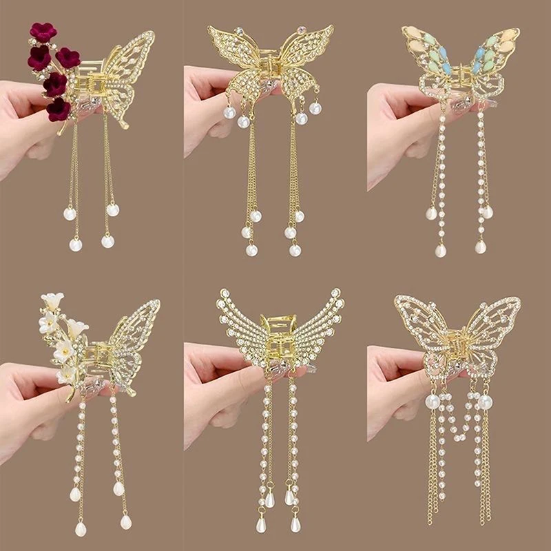 Red Flower Festival Hairpin Butterfly Tassel Pearl Hair Claw For Girls Ponytail Hair Clips Crab Women Fashion Accessories Gifts