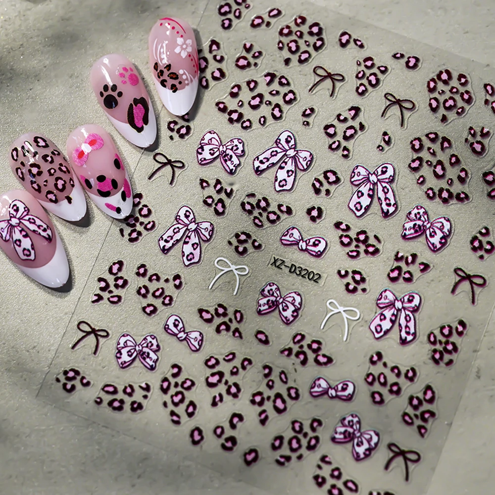 2pcs Spotted Leopard Print Bow Nail Art Stickers Pink Brown Sexy Sweet Leopard Print Bowknot Decals 8*10cm Adhesive Nail Sliders