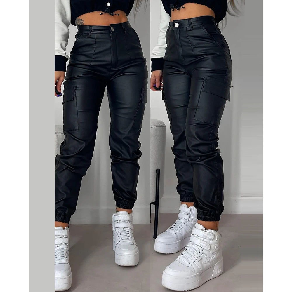 

Casual Autumn Women Pocket Design Cuffed PU Leather Pants Fashion Femme Slim Fit Lady Long Skinny Long Pants traf Streetwear y2k