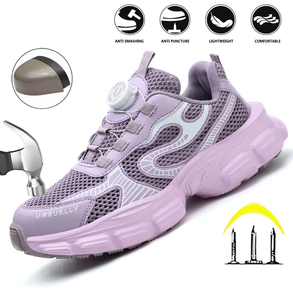 Women's Summer Mesh Steel Toe Safety Shoes Lightweight Anti-Puncture Pink Sports Boots for Outdoor Work