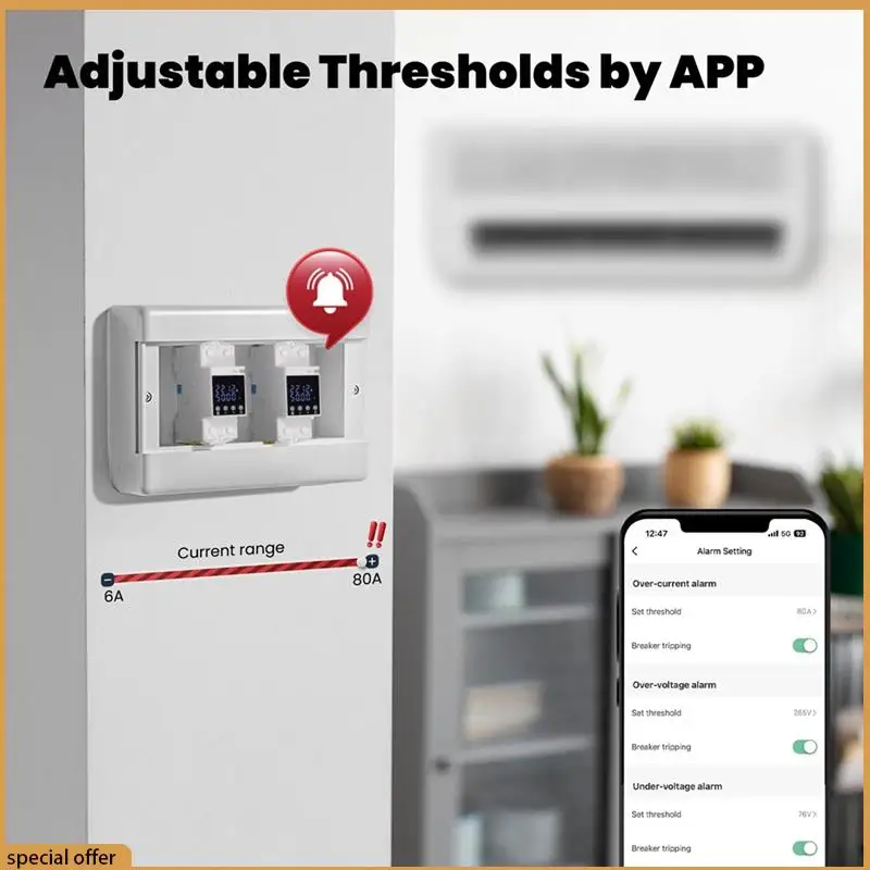 A68Z Tuya Wifi Smart Circuit Breaker 80A-Alarm Threshold Set Electricity Monitor V0 Fireproof Retardant APP Control