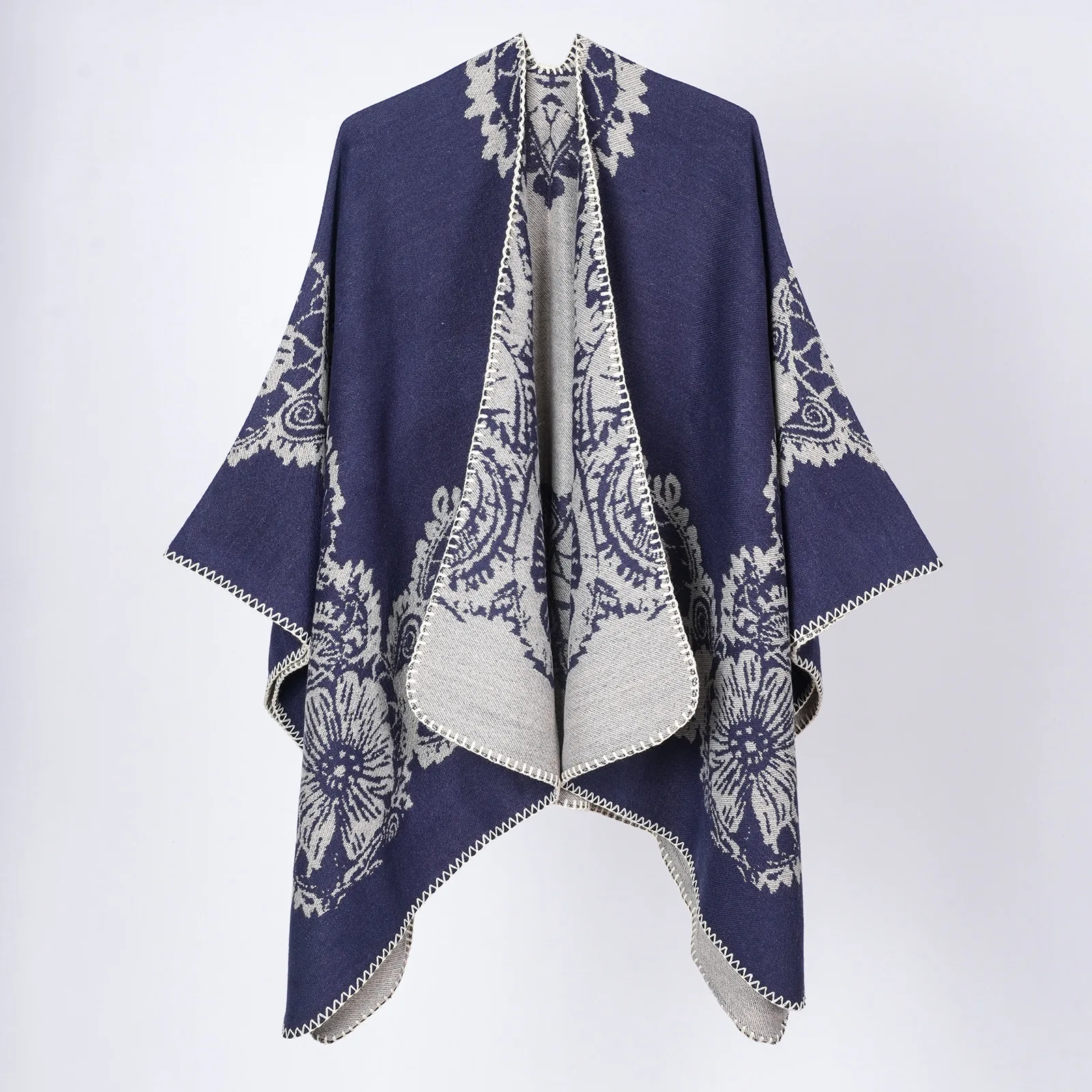 Retro Style Comfortable Warm All-Match Cape Large Pashmina with Hat Split Design Tourist Area Flower Patterned Polyester Fiber
