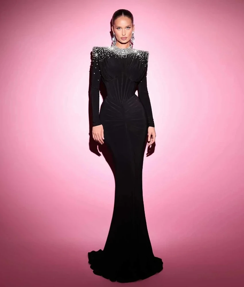 

Customized Luxury Jersey Mermaid Crystal Evening Dress High Quality High Collar Long Sleeves Floor Length Bespoke Occasion Gowns