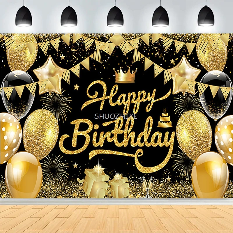 

3D Black Gold Glitter Celebration Happy Birthday Background Balloon Party Decor Gifts Boy Girl Adult Photography Backdrops XN-02