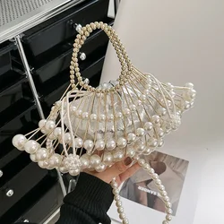 Silver Pearl Evening Clutch Bag Luxury Designer Handbag Purse For Women Female Hollow Out Shoulder Crossbody Bag Party Wedding