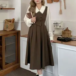 Autumn Vintage Women Dress Sweet Peter Pan Collar Long Sleeve Party A Line Fake Two Pleated Long Dress Vestido Plus Size 5XL