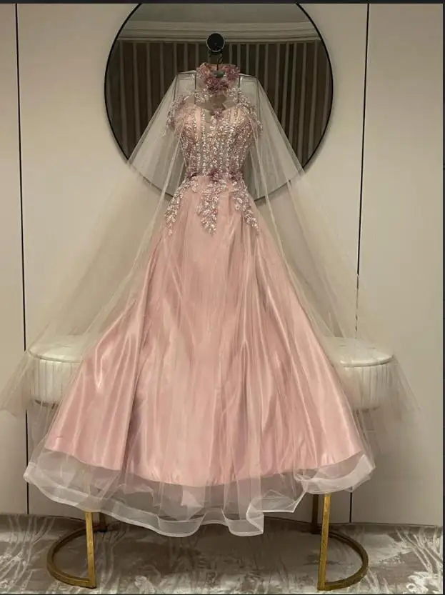 Robe de soirée brodée de perles personnalisées, avec Cape, ligne A, en Tulle rose, robes d'occasion formelles