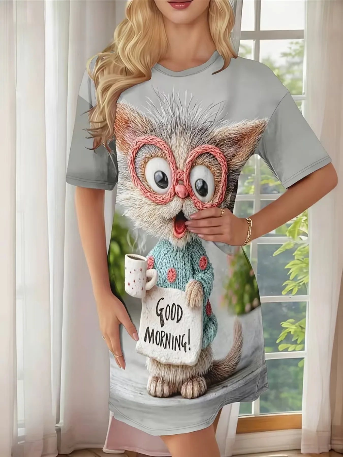 Cute Plush Texture Cat Good Morning Good Morning Coffee Pattern Women's Round Neck Short-Sleeved Home Nightgown Dress