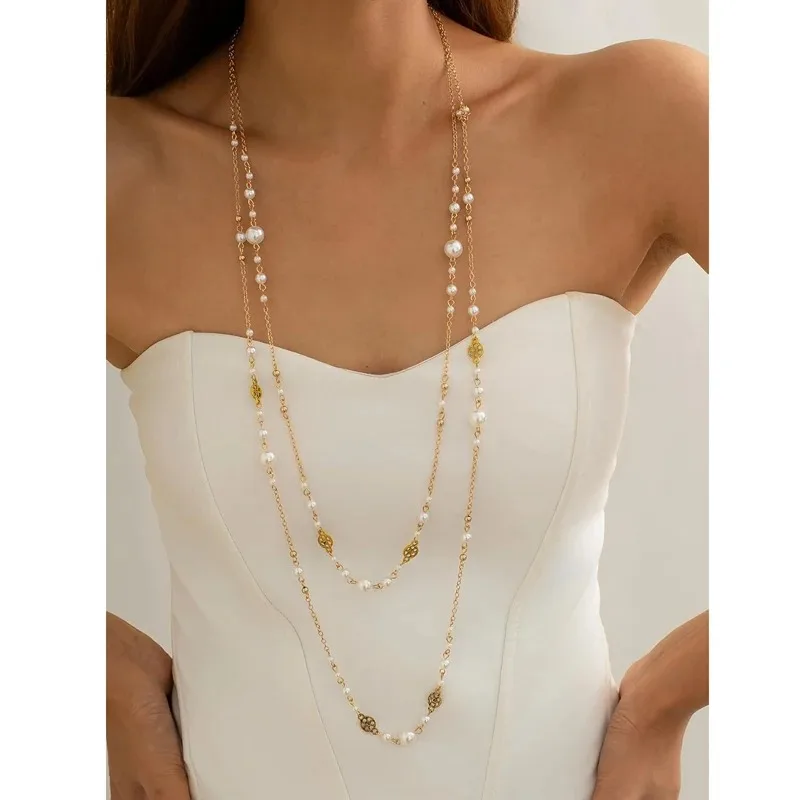 Long Gold Pearl Necklaces for Women Trendy Dainty Layered Pearl Statement Strand Chain Fashion Jewelry Gift Sweater Accessories